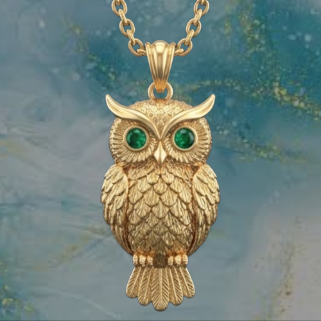 Exotic Owl Pendant with Prominent Eyes – Gold Finish, Available in Sterling Silver – 3D Detailed Design