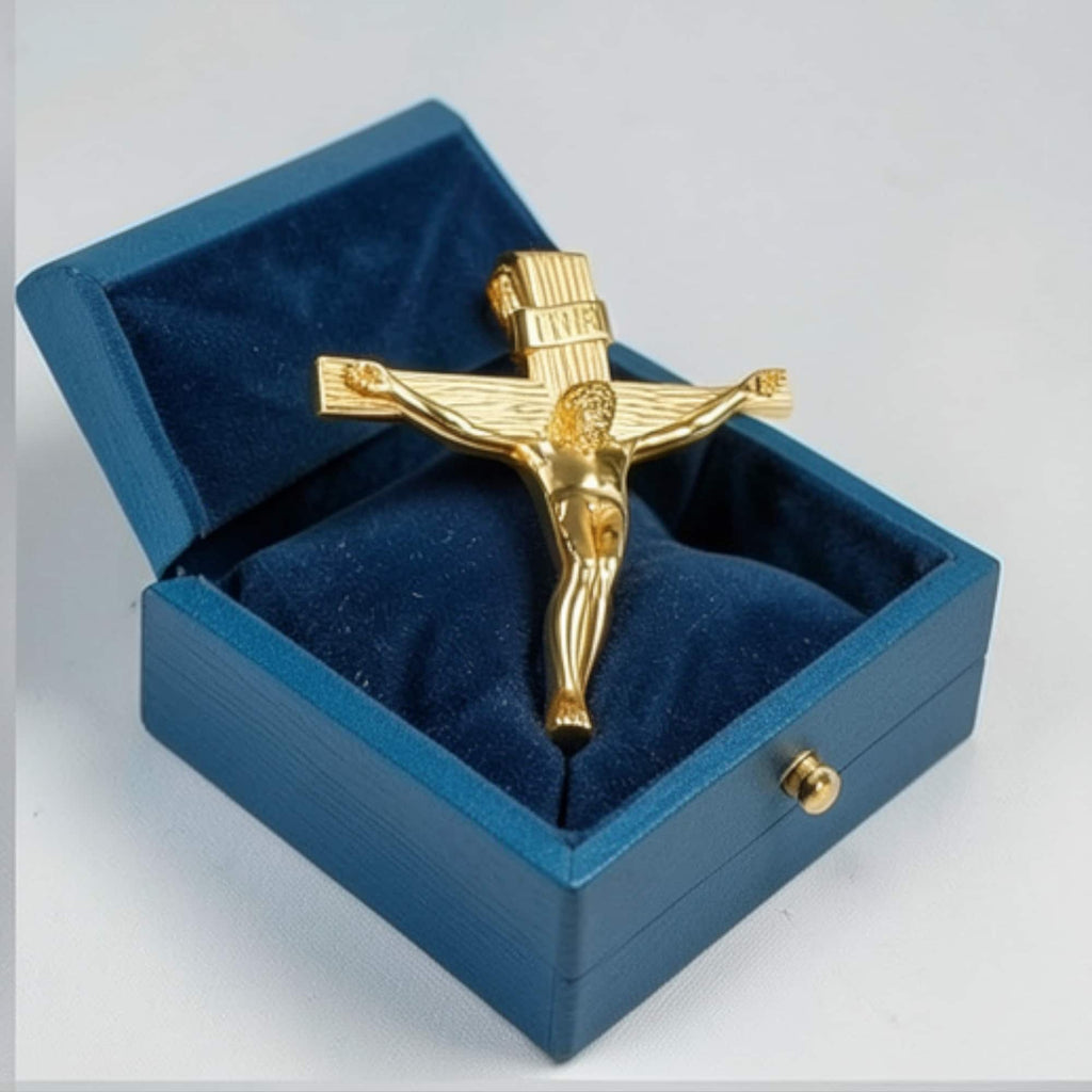 Polished Silver & Brass Crucifix Pendant 25x8x12mm – Wood Texture Cross – INRI Religious Charm