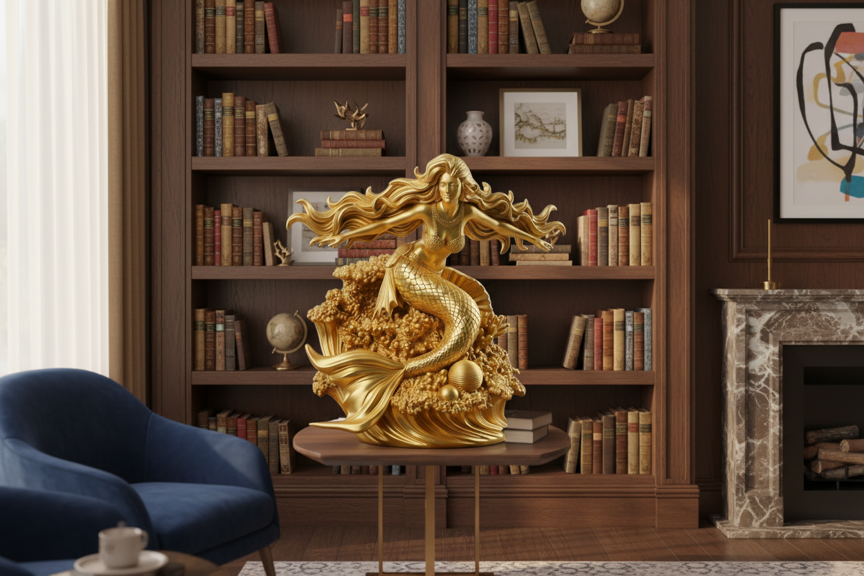 Golden Mermaid Statue 250mm | 3D Printed Mermaid Sculpture | Ocean Fantasy Decor | Coastal Figurine | Desk Display Art | Mythical Sea Goddess Gift
