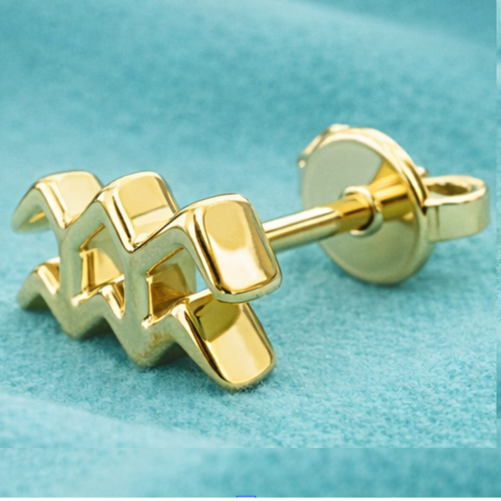 Aquarius Symbol Stud Earrings in Solid Gold | Zodiac Stud Earrings | 12 × 5.5 × 2 mm