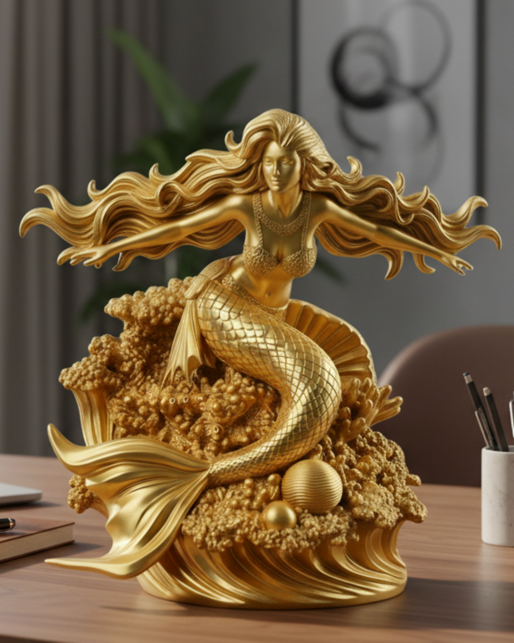 Golden Mermaid Statue 250mm | 3D Printed Mermaid Sculpture | Ocean Fantasy Decor | Coastal Figurine | Desk Display Art | Mythical Sea Goddess Gift