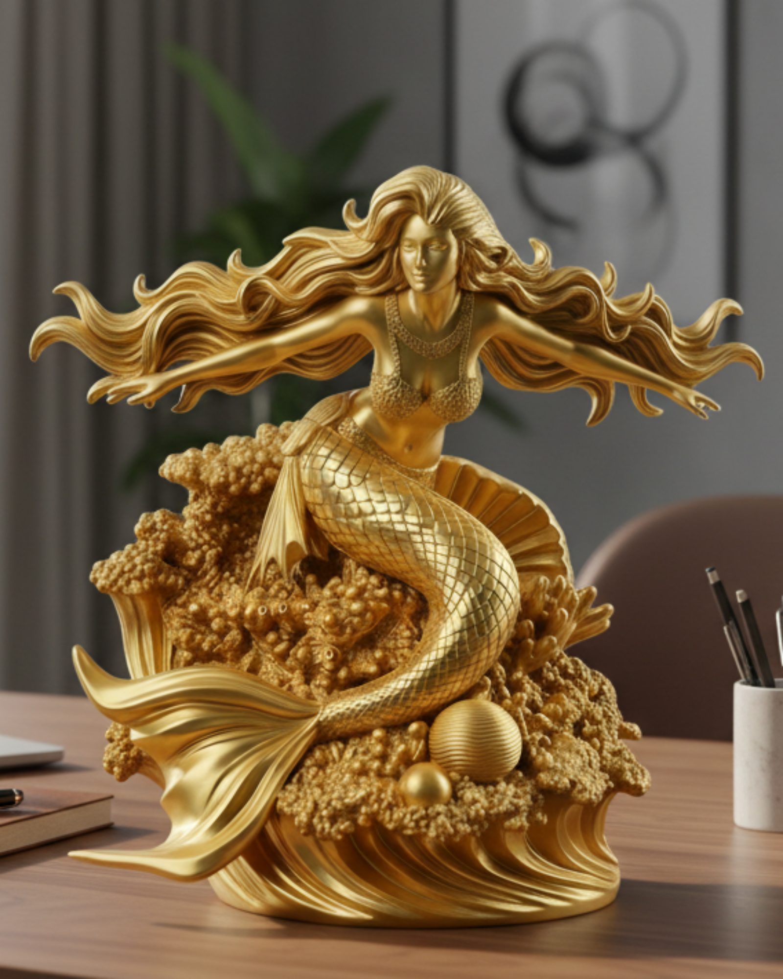 Golden Mermaid Statue 250mm | 3D Printed Mermaid Sculpture | Ocean Fantasy Decor | Coastal Figurine | Desk Display Art | Mythical Sea Goddess Gift
