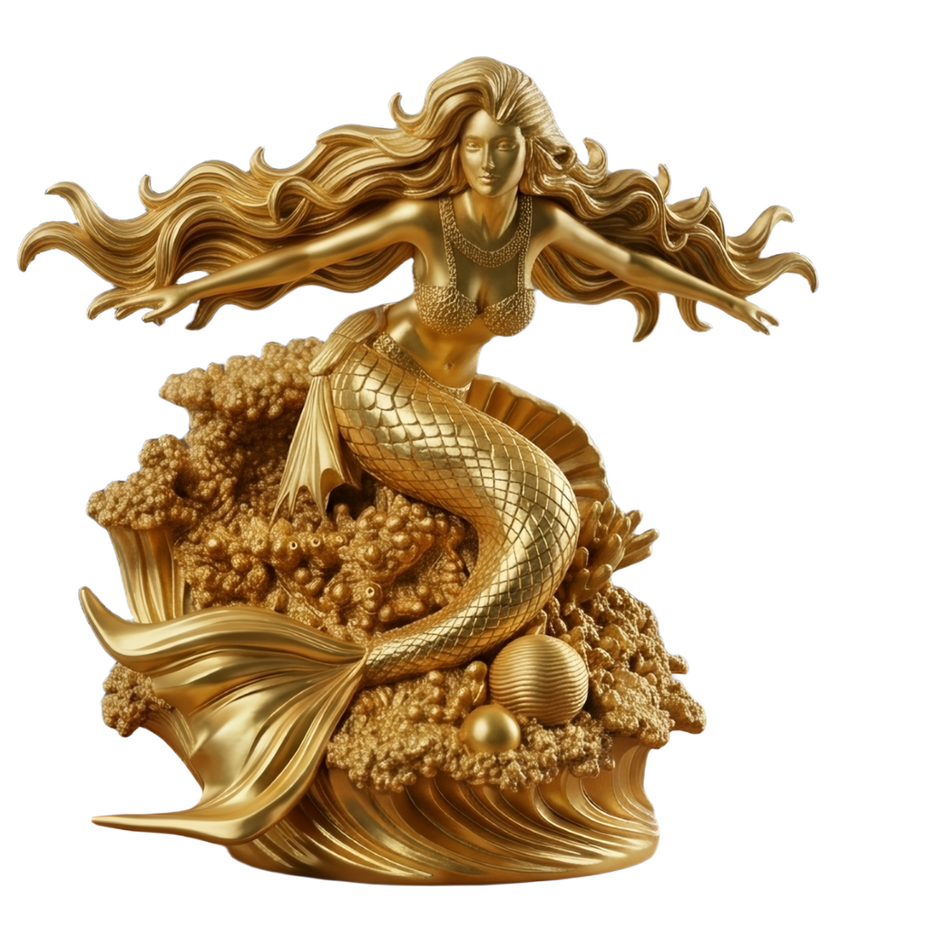 Golden Mermaid Statue 250mm | 3D Printed Mermaid Sculpture | Ocean Fantasy Decor | Coastal Figurine | Desk Display Art | Mythical Sea Goddess Gift