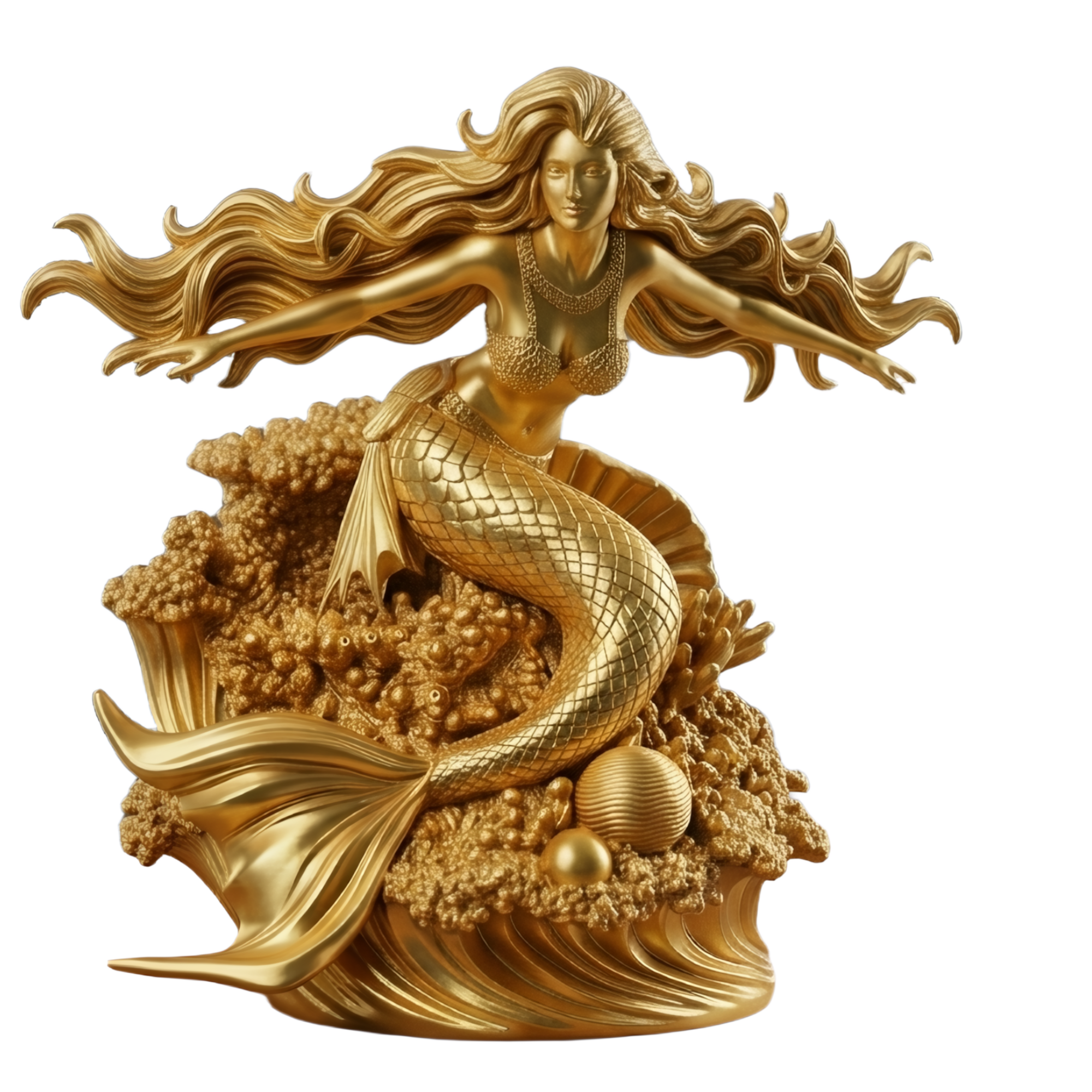 Golden Mermaid Statue 250mm | 3D Printed Mermaid Sculpture | Ocean Fantasy Decor | Coastal Figurine | Desk Display Art | Mythical Sea Goddess Gift