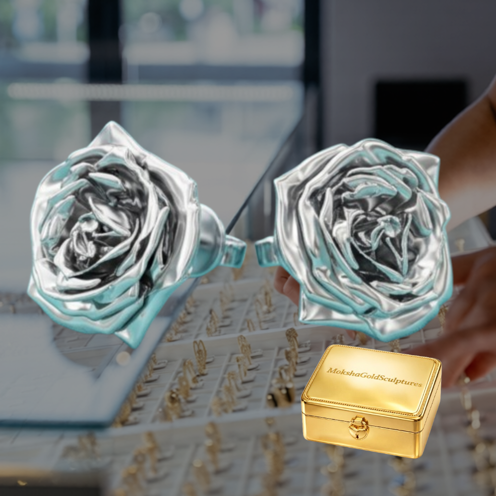 Rose Stud Earrings in Polished Silver & Polished Brass | 14mm Floral Earrings | Sculpted Rose Jewellery | Lightweight Botanical Studs
