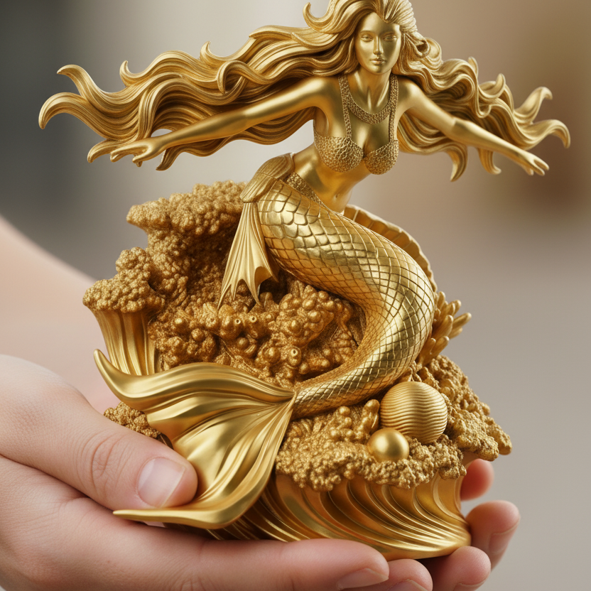 Golden Mermaid Statue 250mm | 3D Printed Mermaid Sculpture | Ocean Fantasy Decor | Coastal Figurine | Desk Display Art | Mythical Sea Goddess Gift