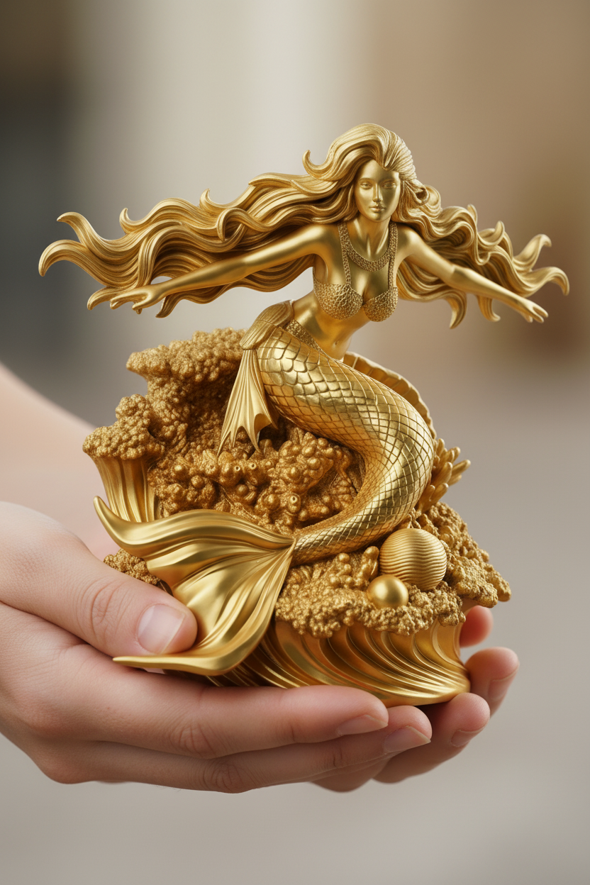 Golden Mermaid Statue 250mm | 3D Printed Mermaid Sculpture | Ocean Fantasy Decor | Coastal Figurine | Desk Display Art | Mythical Sea Goddess Gift