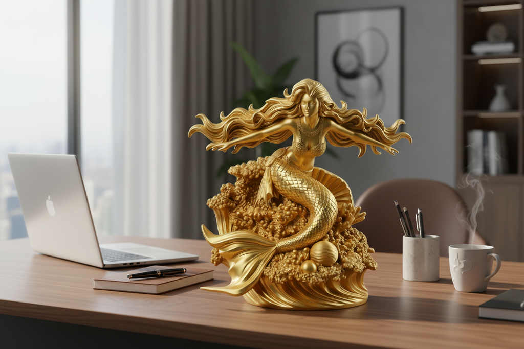 Golden Mermaid Statue 250mm | 3D Printed Mermaid Sculpture | Ocean Fantasy Decor | Coastal Figurine | Desk Display Art | Mythical Sea Goddess Gift