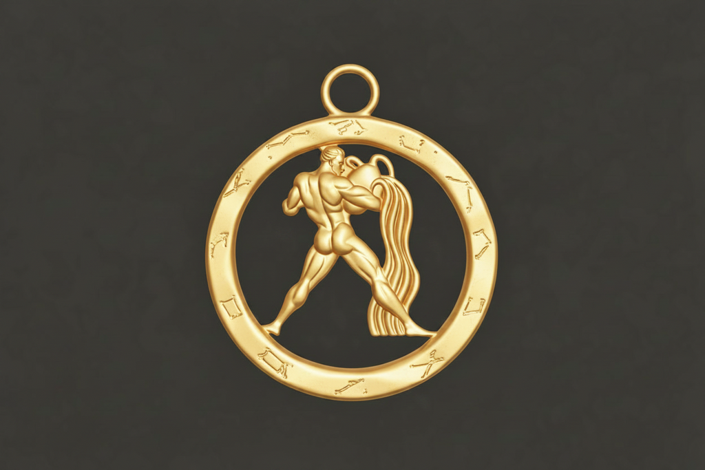 25mm Aquarius Zodiac Pendant Necklace, Men's Water Bearer Necklace, 9K Gold, Sterling Silver or Brass, Astrology Jewellery Gift