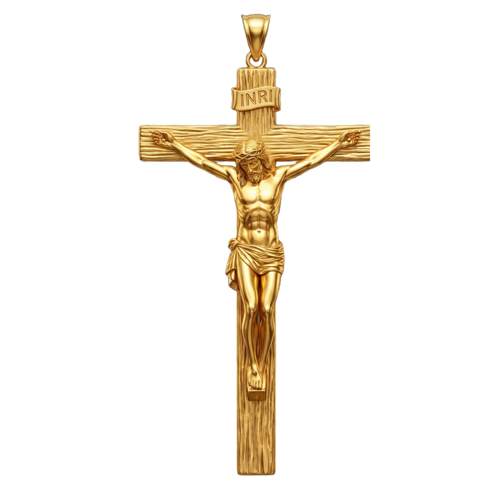 Polished Gold Crucifix Pendant 25x8x12mm – Wood Texture Cross – INRI Religious Charm