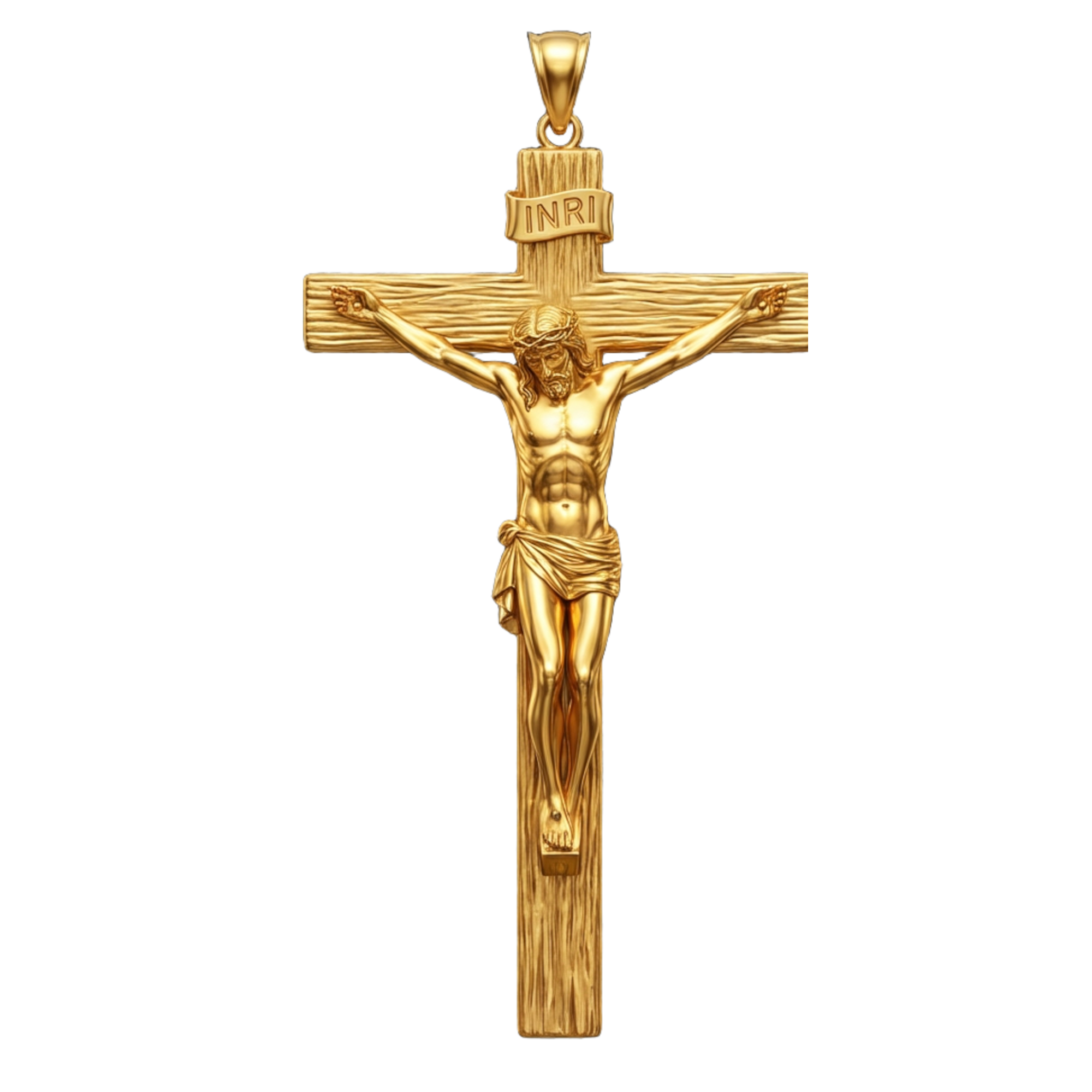 Polished Gold Crucifix Pendant 25x8x12mm – Wood Texture Cross – INRI Religious Charm
