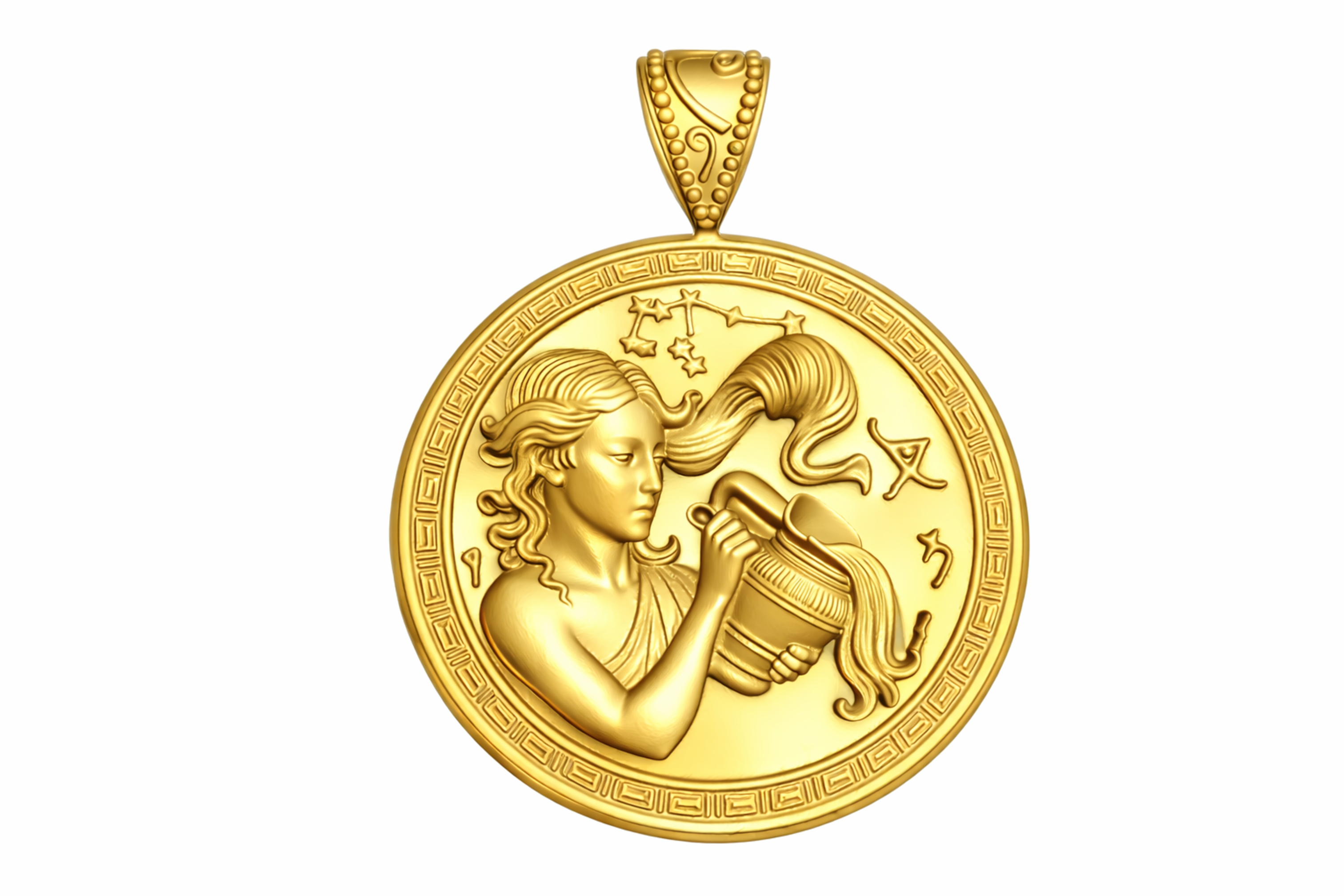 Aquarius Zodiac Medallion Necklace, 25mm Water Bearer Pendant, Greek Astrology Coin Necklace, 9K Gold, Sterling Silver or Yellow Brass, Zodiac Birthday Gift