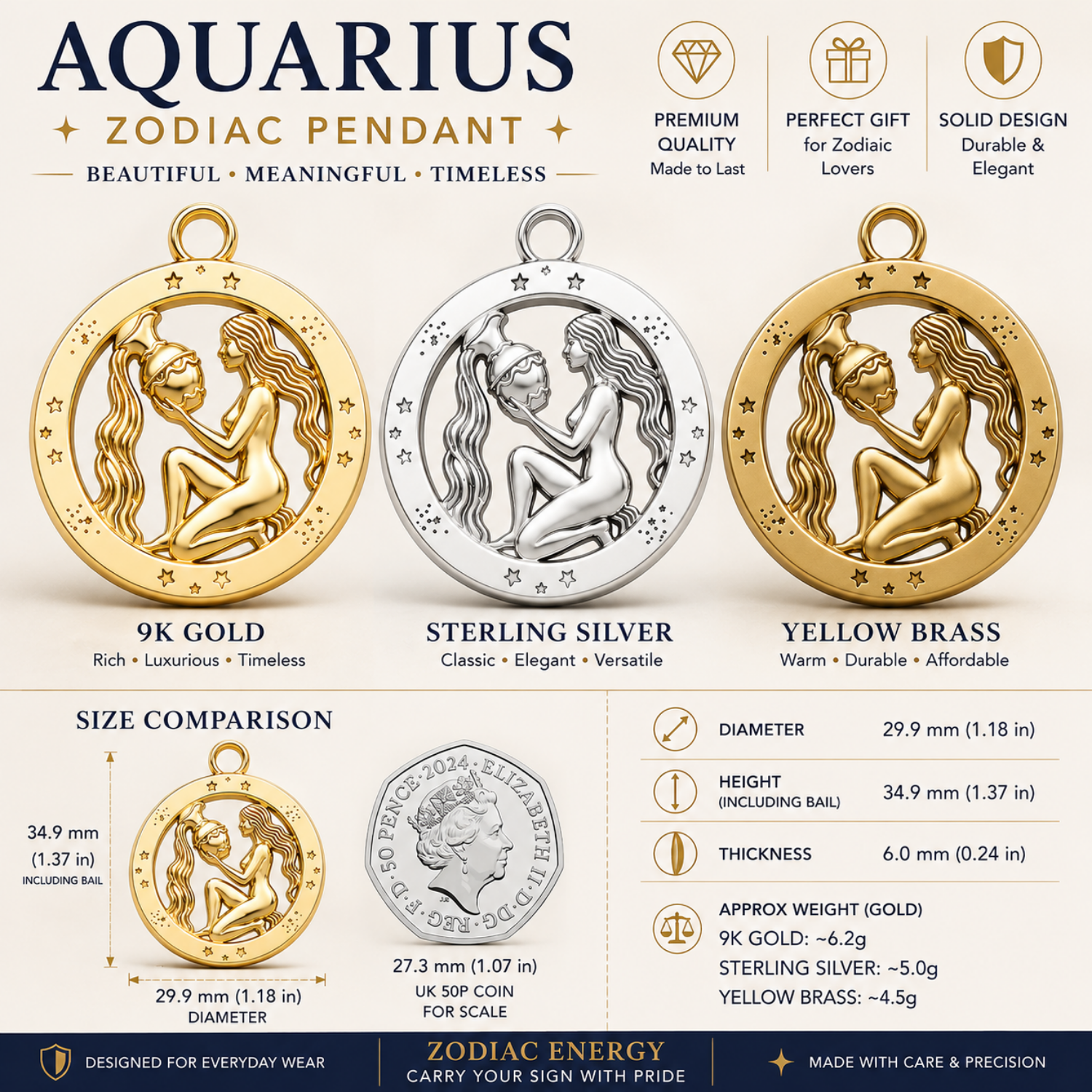 Aquarius Zodiac Pendant in 9K gold, sterling silver, and brass by MokshaGoldSculptures, shown with US quarter for scale.
