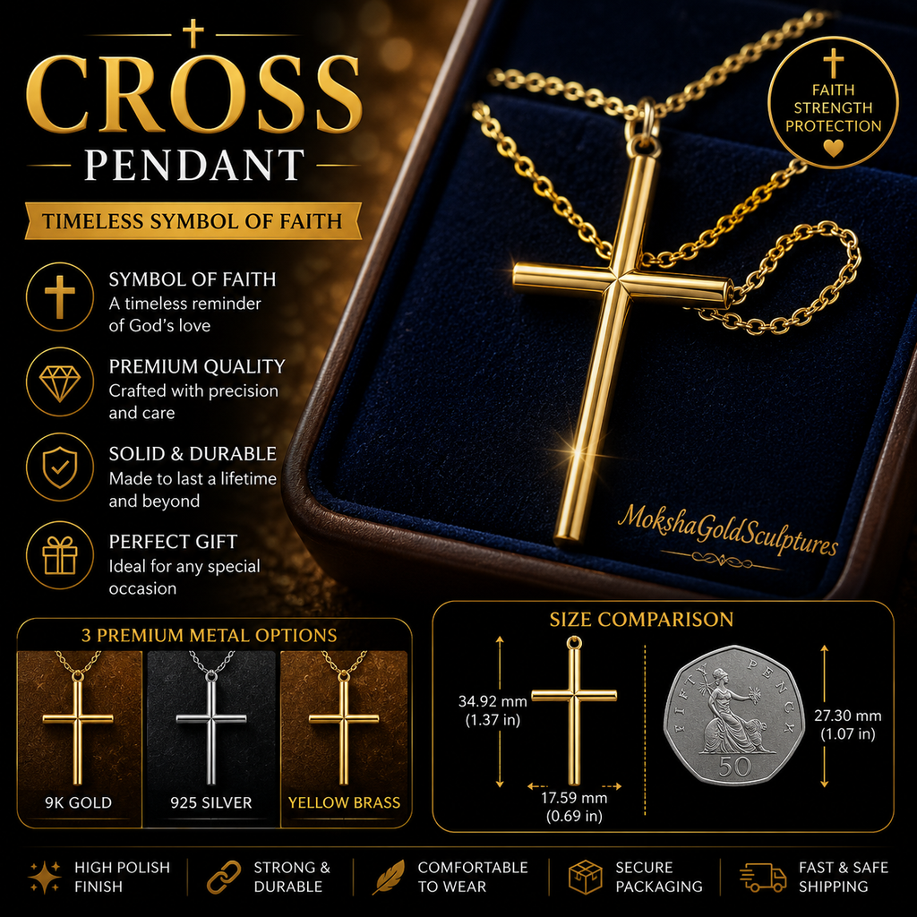 The Minimalist Cross Pendant Necklace in 9K gold high polish by MokshaGoldSculptures, shown in a blue velvet box.