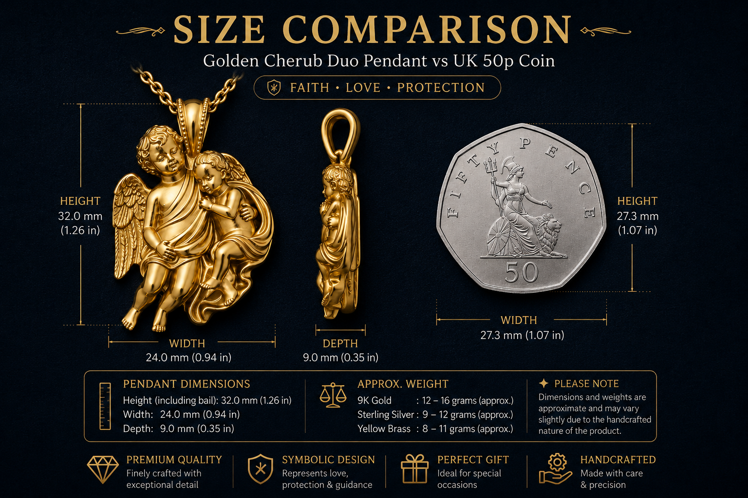 Golden Cherub Duo Pendant Necklace | Guardian Angel Jewelry | 9K Gold, Sterling Silver & Yellow Brass | Handmade Religious Gift