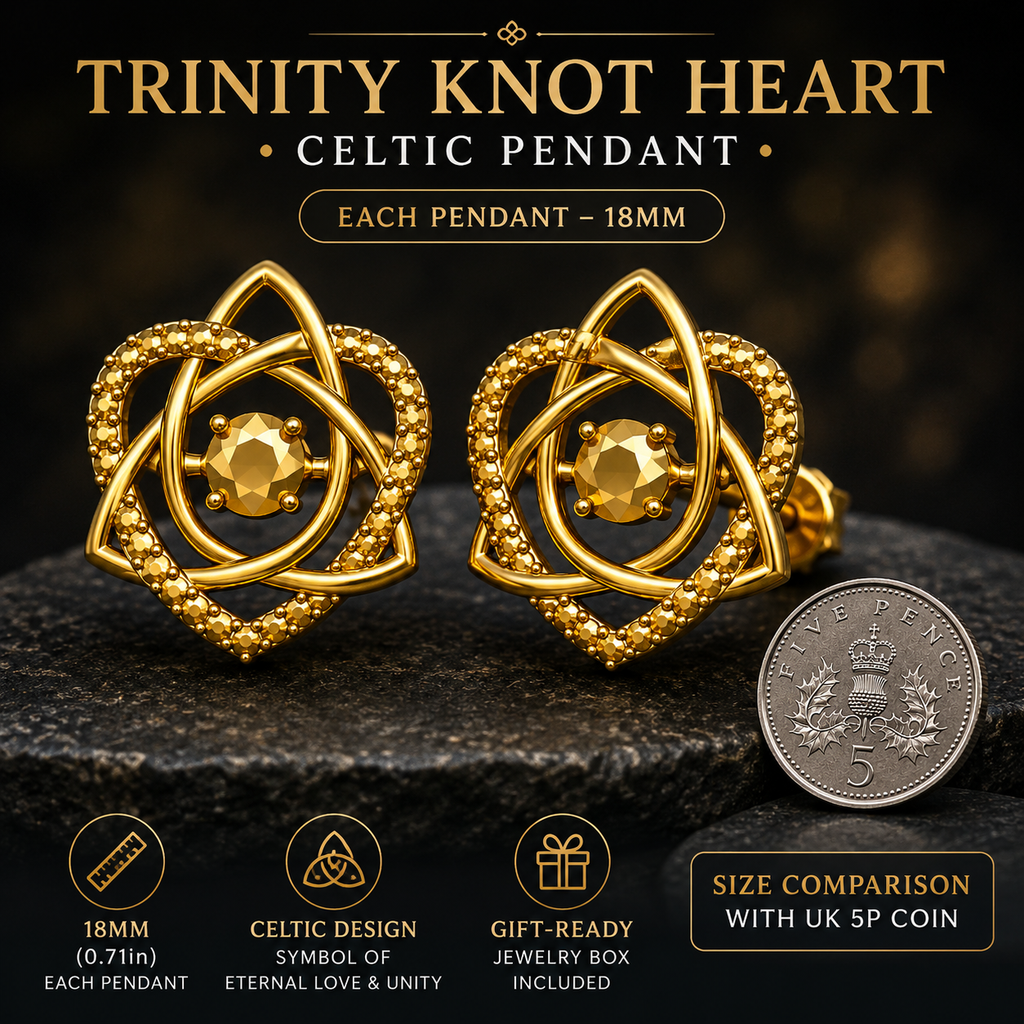 Celtic Trinity Knot Heart Stud Earrings in 9K gold by MokshaGoldSculptures, shown with UK 5p coin for scale.
