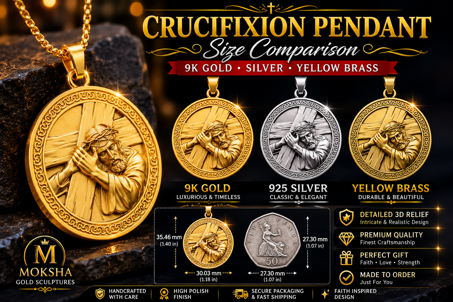 Three Jesus Carrying the Cross medallion pendants in 9K gold, sterling silver, yellow brass by MokshaGoldSculptures.