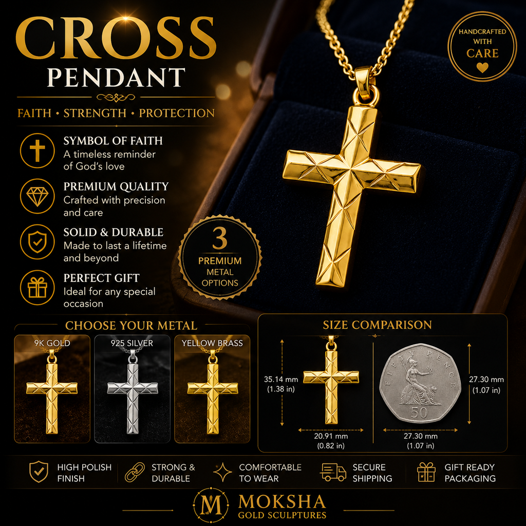 Faceted Cross Pendant Necklace in 9K gold, silver, or brass by MokshaGoldSculptures; premium quality, coin for scale.