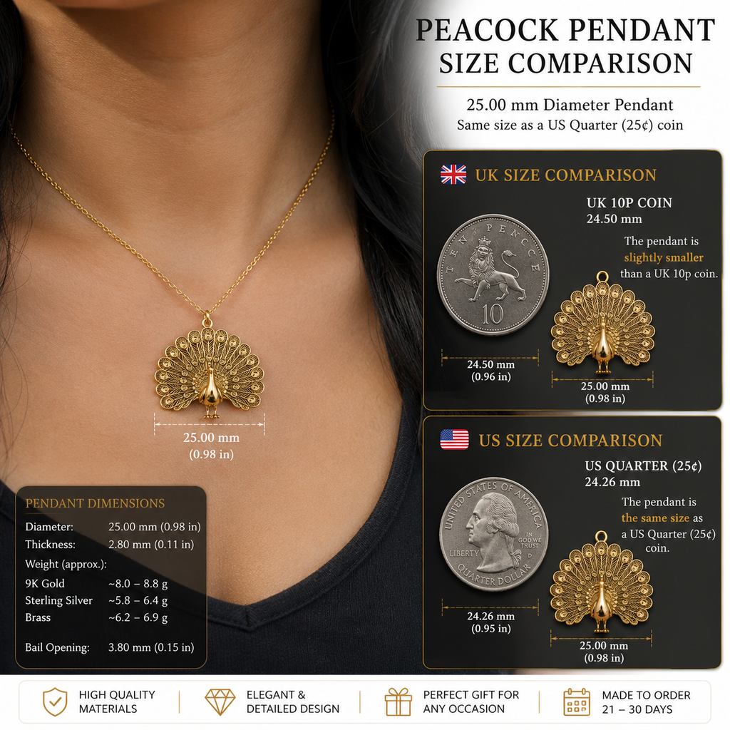 Peacock Fan Tail Pendant Necklace 25mm | 9K Gold, Sterling Silver 925 & Polished Yellow Brass | Elegant Bird Pendant | Nature Inspired Gift | Made to Order