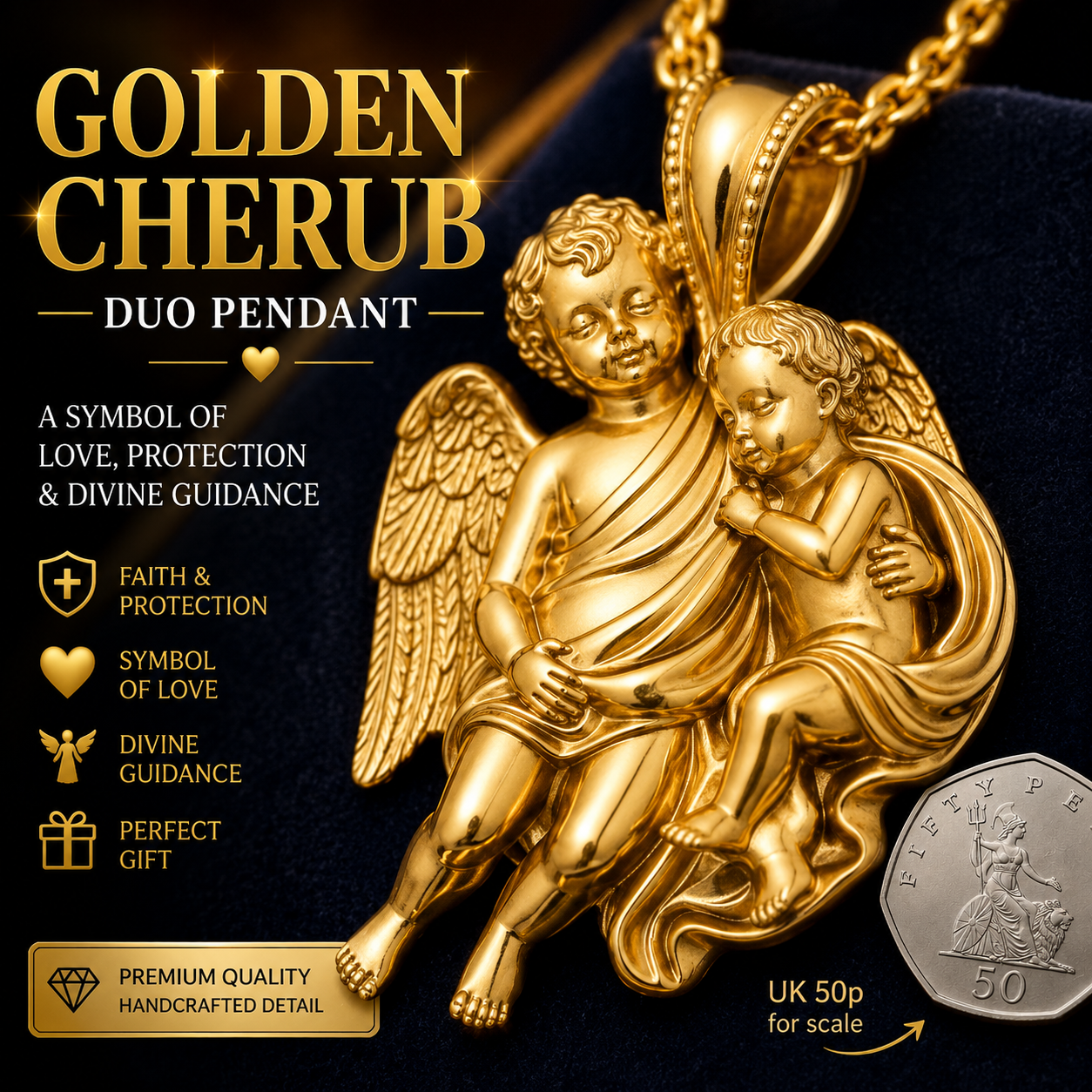 Golden Cherub Duo Pendant Necklace | Guardian Angel Jewelry | 9K Gold, Sterling Silver & Yellow Brass | Handmade Religious Gift