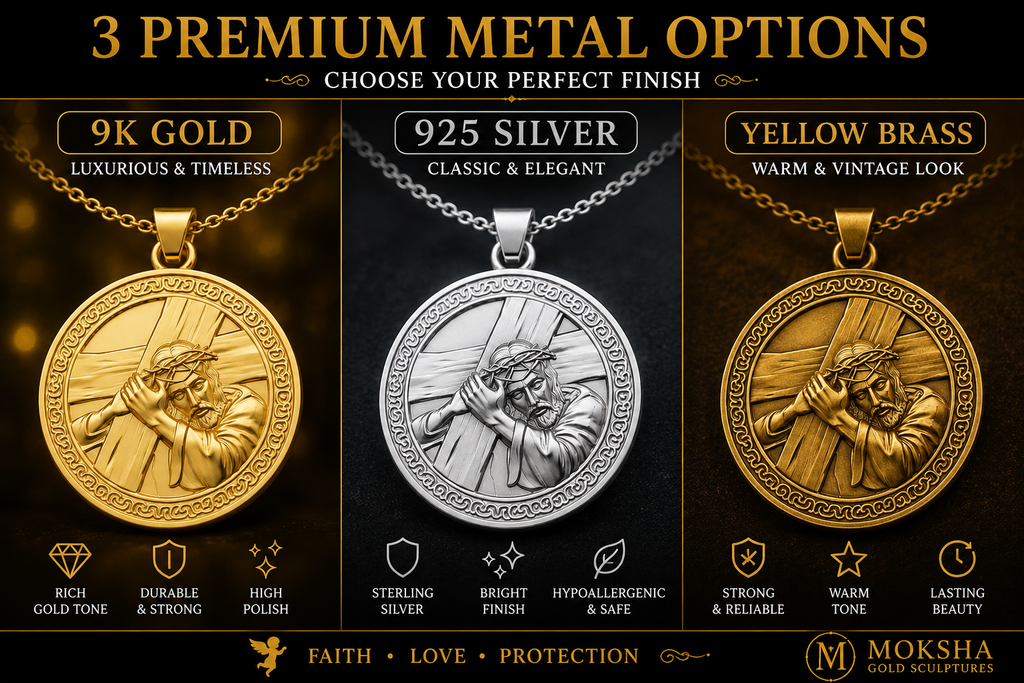 The Jesus Carrying the Cross Medallion Pendant in 9K gold, silver, or brass by MokshaGoldSculptures with ornate borders.