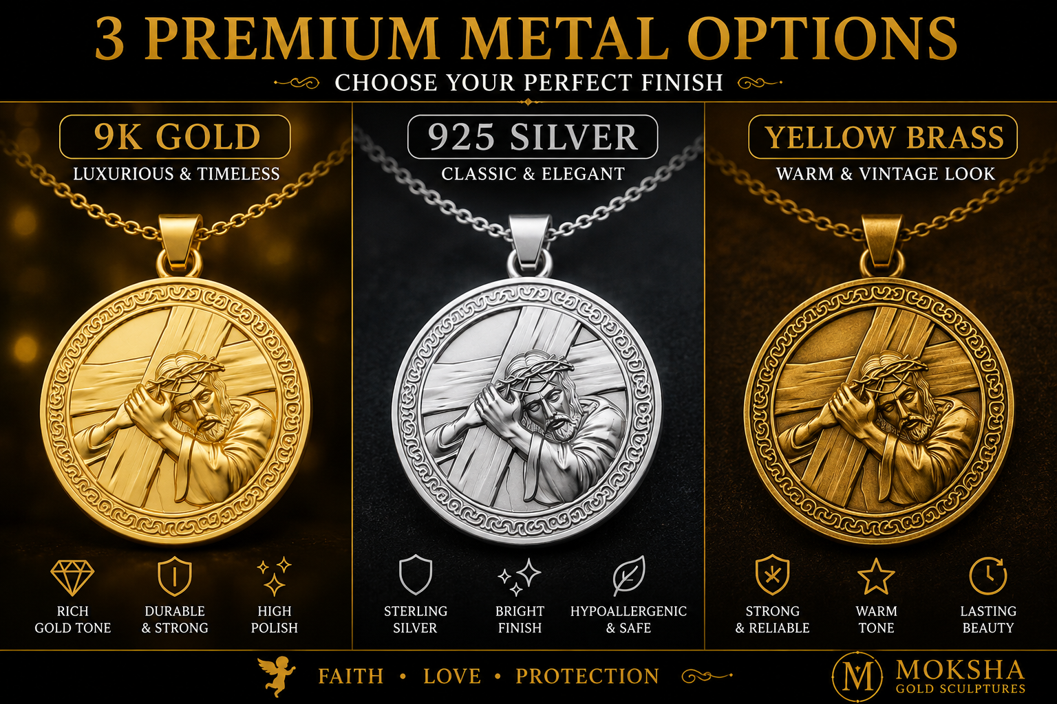 The Jesus Carrying the Cross Medallion Pendant in 9K gold, silver, or brass by MokshaGoldSculptures with ornate borders.