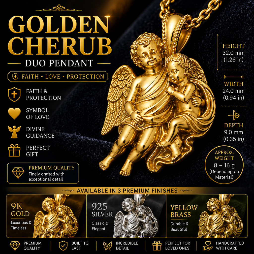 Golden Cherub Duo Pendant Necklace | Guardian Angel Jewelry | 9K Gold, Sterling Silver & Yellow Brass | Handmade Religious Gift