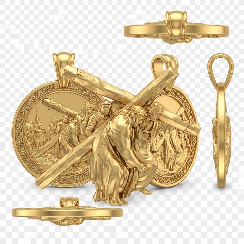 Jesus Carrying the Cross Pendant – Christian Faith Necklace in Gold or Silver