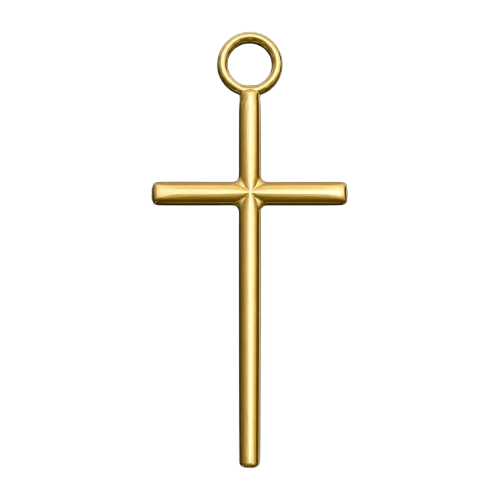 The Minimalist Cross Pendant Necklace in 9K gold with circular loop by MokshaGoldSculptures on light gray background.