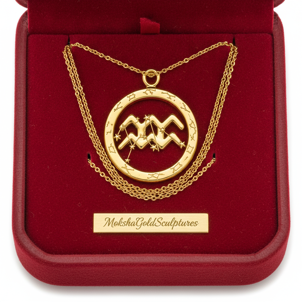 Aquarius Symbol Zodiac Pendant Necklace, 25mm Aquarius Constellation Pendant, Water Bearer Astrology Necklace, 9K Gold, Sterling Silver or Yellow Brass Gift