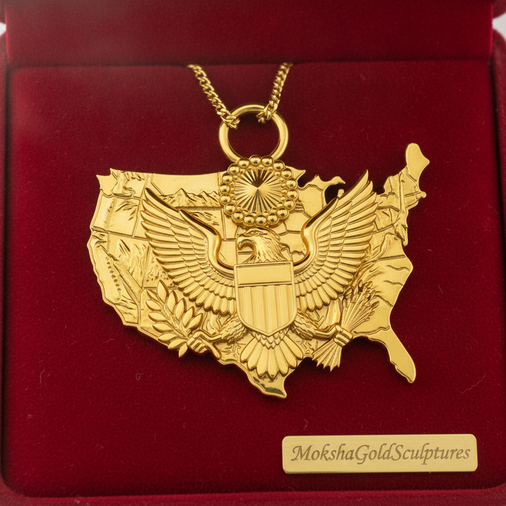 USA Eagle Map Pendant Necklace, 25mm Patriotic USA Necklace, American Eagle Jewellery, 250th Anniversary Gift, 9K Gold, Sterling Silver or Brass