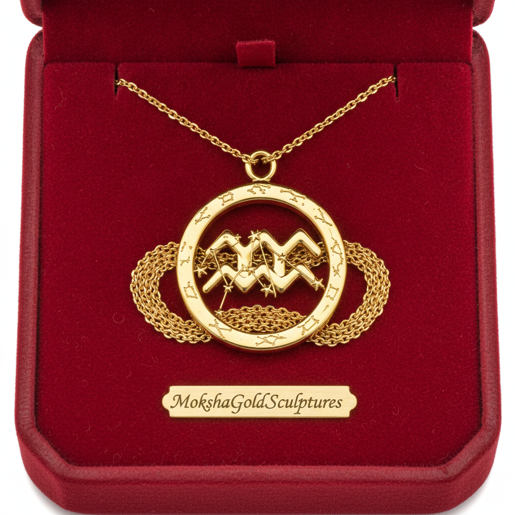 Aquarius Symbol Zodiac Pendant Necklace, 25mm Aquarius Constellation Pendant, Water Bearer Astrology Necklace, 9K Gold, Sterling Silver or Yellow Brass Gift