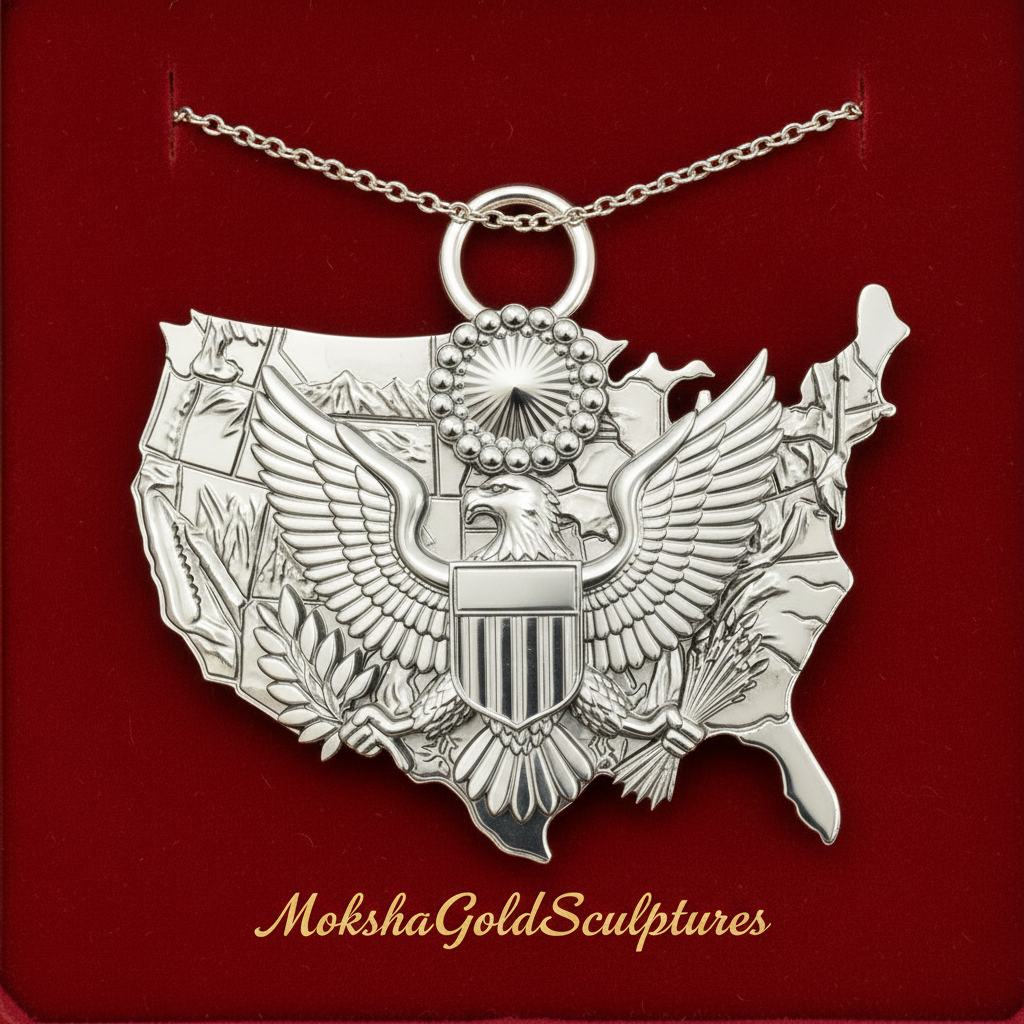 USA Eagle Map Pendant Necklace, 25mm Patriotic USA Necklace, American Eagle Jewellery, 250th Anniversary Gift, 9K Gold, Sterling Silver or Brass