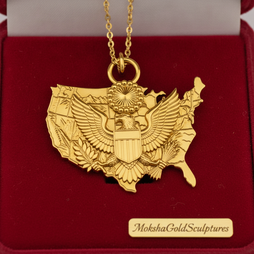 USA Eagle Map Pendant Necklace, 25mm Patriotic USA Necklace, American Eagle Jewellery, 250th Anniversary Gift, 9K Gold, Sterling Silver or Brass
