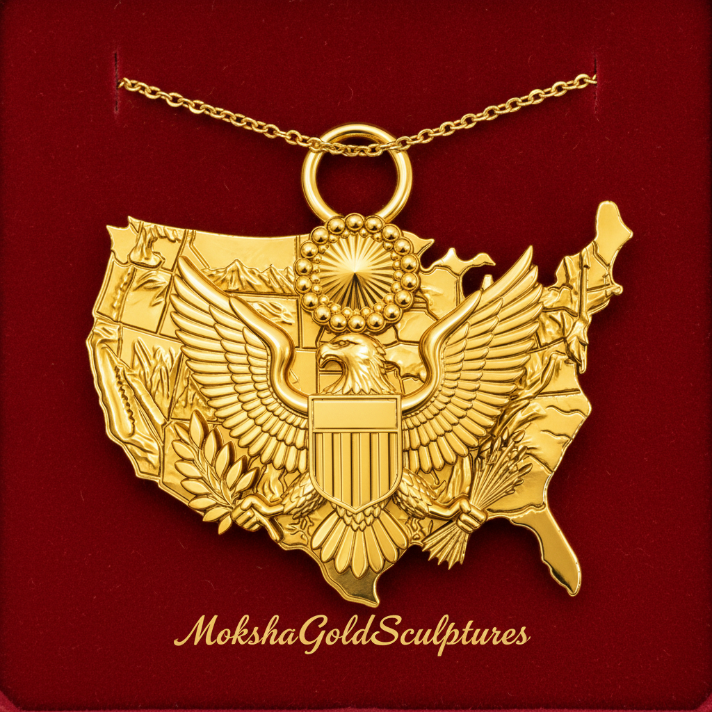 USA Eagle Map Pendant Necklace, 25mm Patriotic USA Necklace, American Eagle Jewellery, 250th Anniversary Gift, 9K Gold, Sterling Silver or Brass