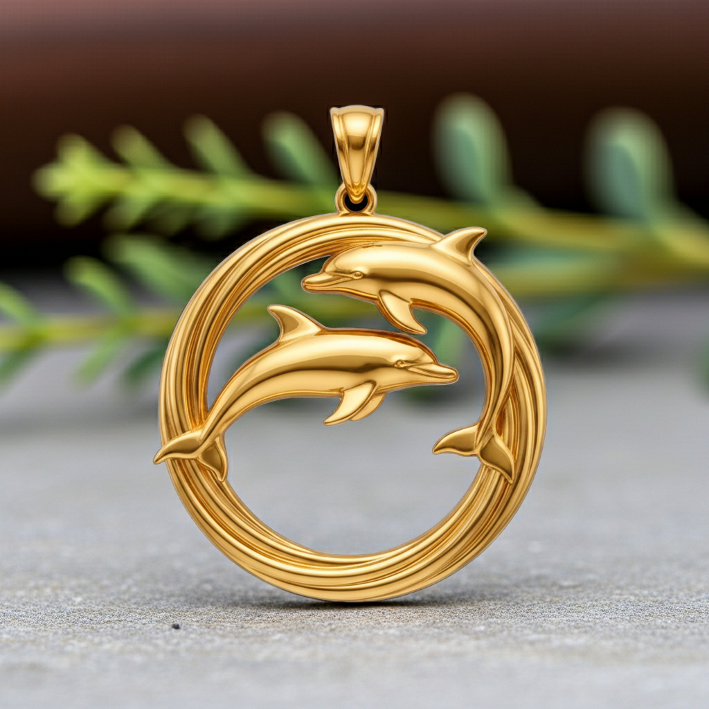 The Dolphin Pendant Necklace in gold or silver by MokshaGoldSculptures, two dolphins leaping inside a circular frame.