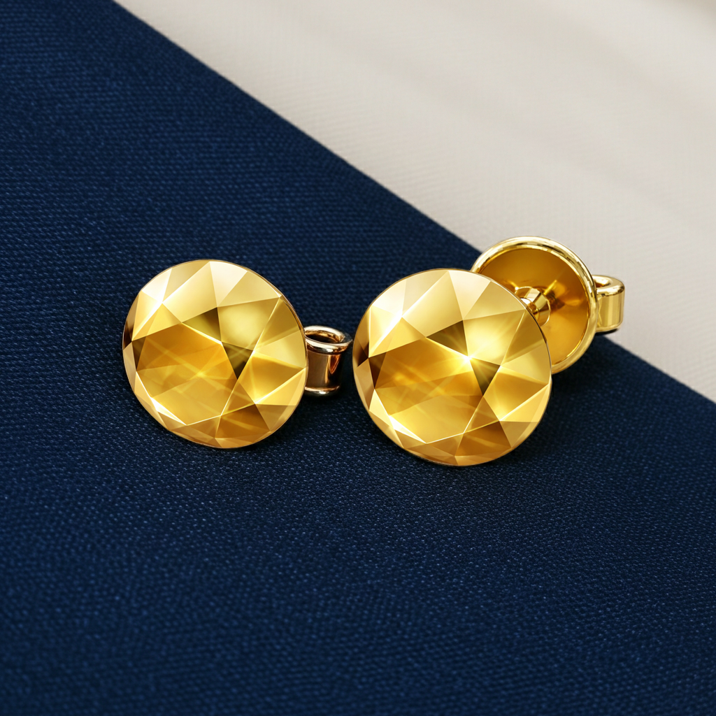 Faceted Round Stud Earring – 10mm Geometric Dome Stud in Polished Silver / Polished Brass