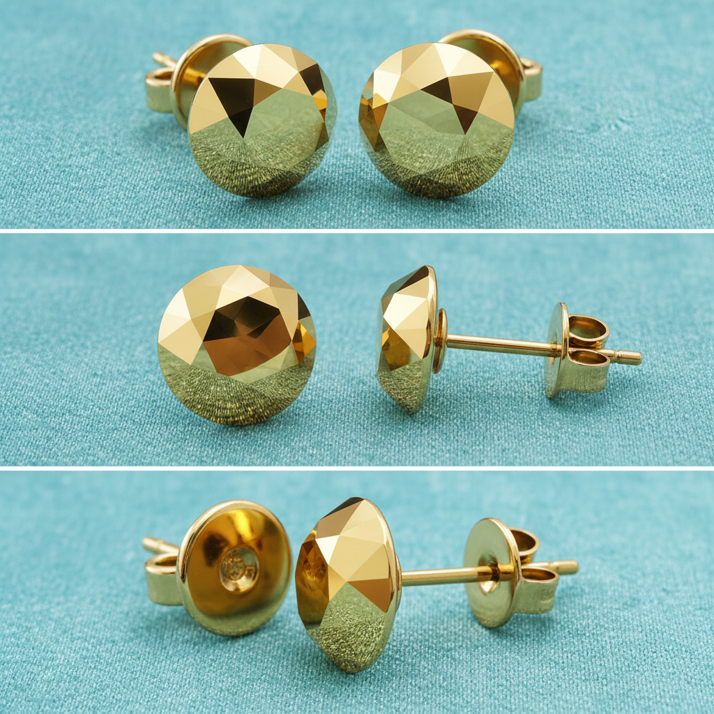Faceted Round Stud Earring – 10mm Geometric Dome Stud in Polished Gold