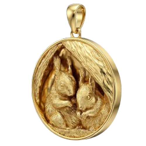 Squirrel Pair Tree Nest Pendant – Gold, Silver & Brass Jewelry, Wildlife Animal Charm, Nature Inspired Collectible