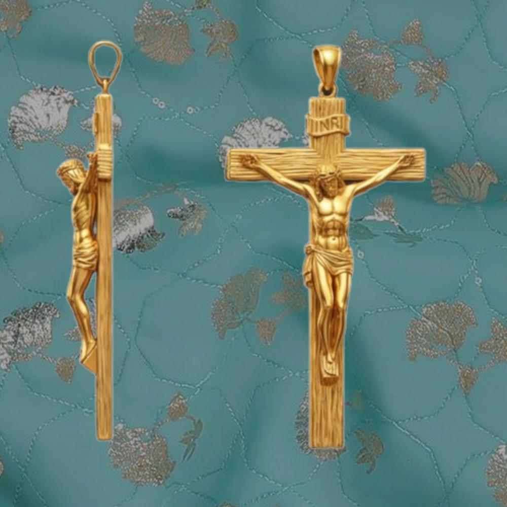 Crucifix pendants in polished silver and brass by MokshaGoldSculptures, detailed Jesus design, front and side views.