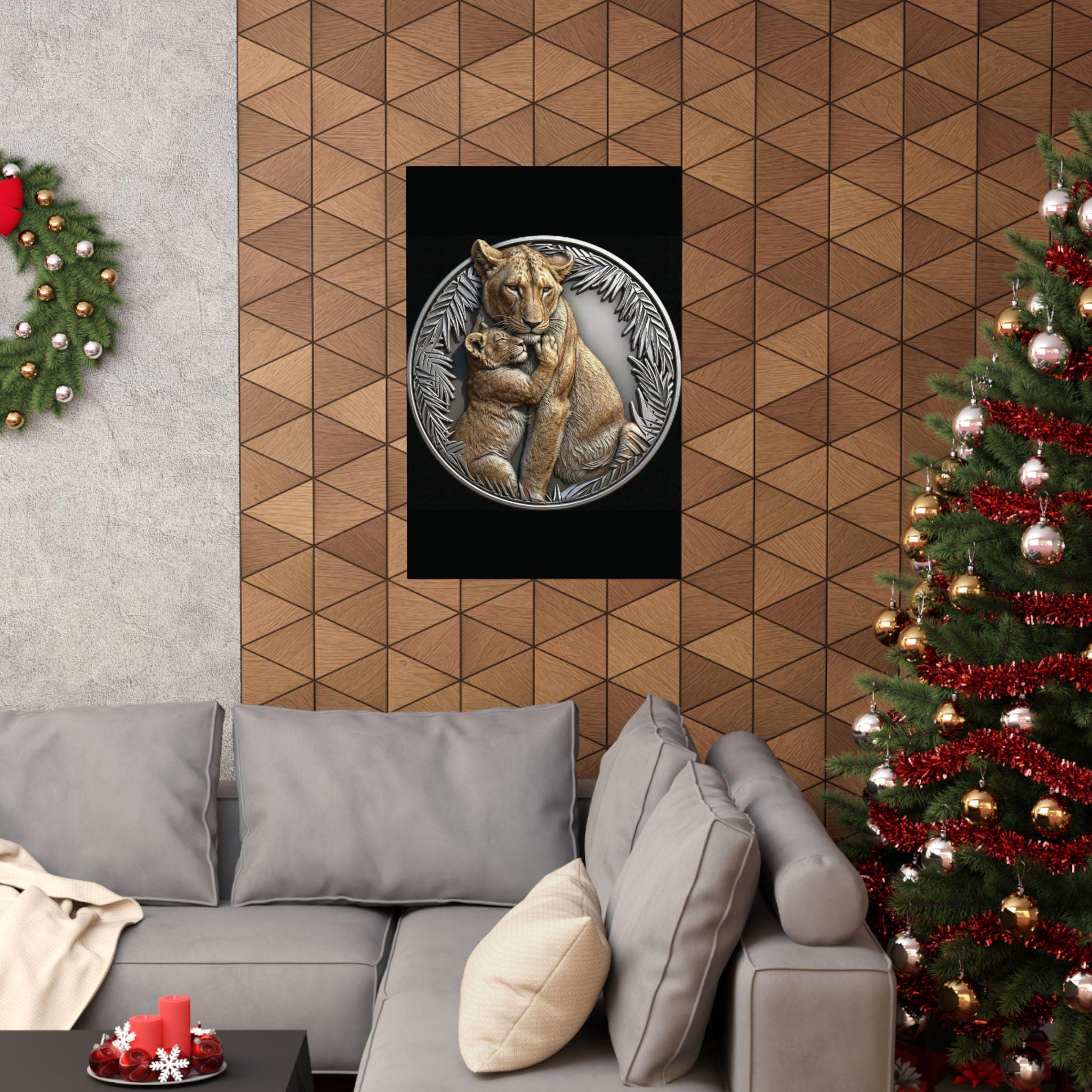 Lioness cub hug wall mount poster | natural color lion wall art | silver jungle frame