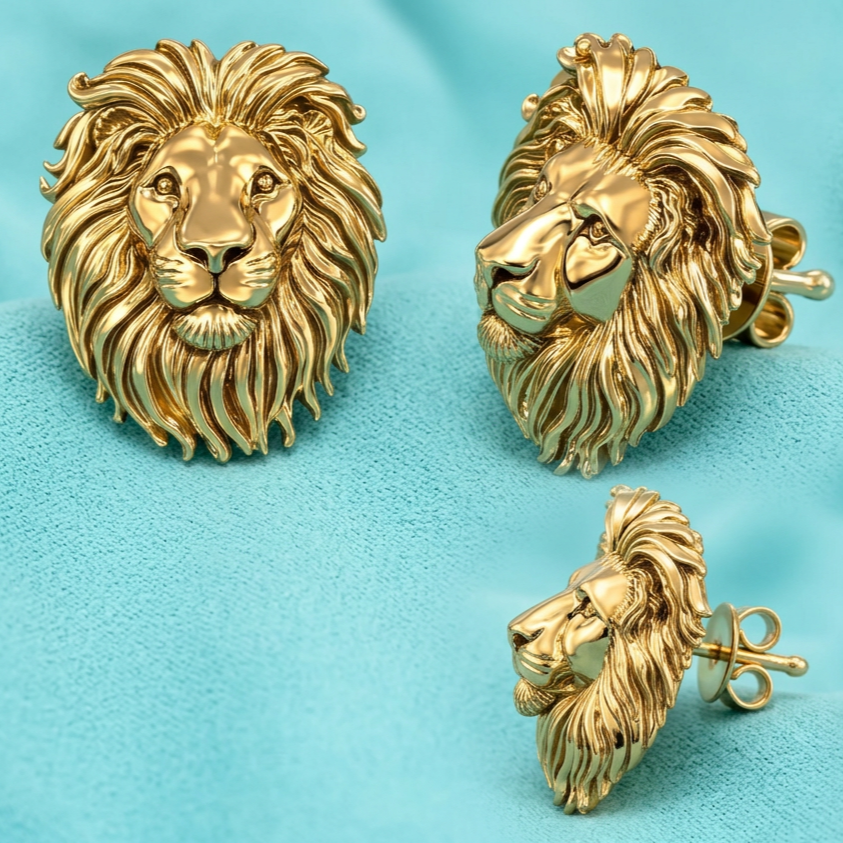 Luxury Lion Head Stud Earrings Polished Gold 15mm Yellow Gold Rose Gold White Gold Animal Statement Jewelry