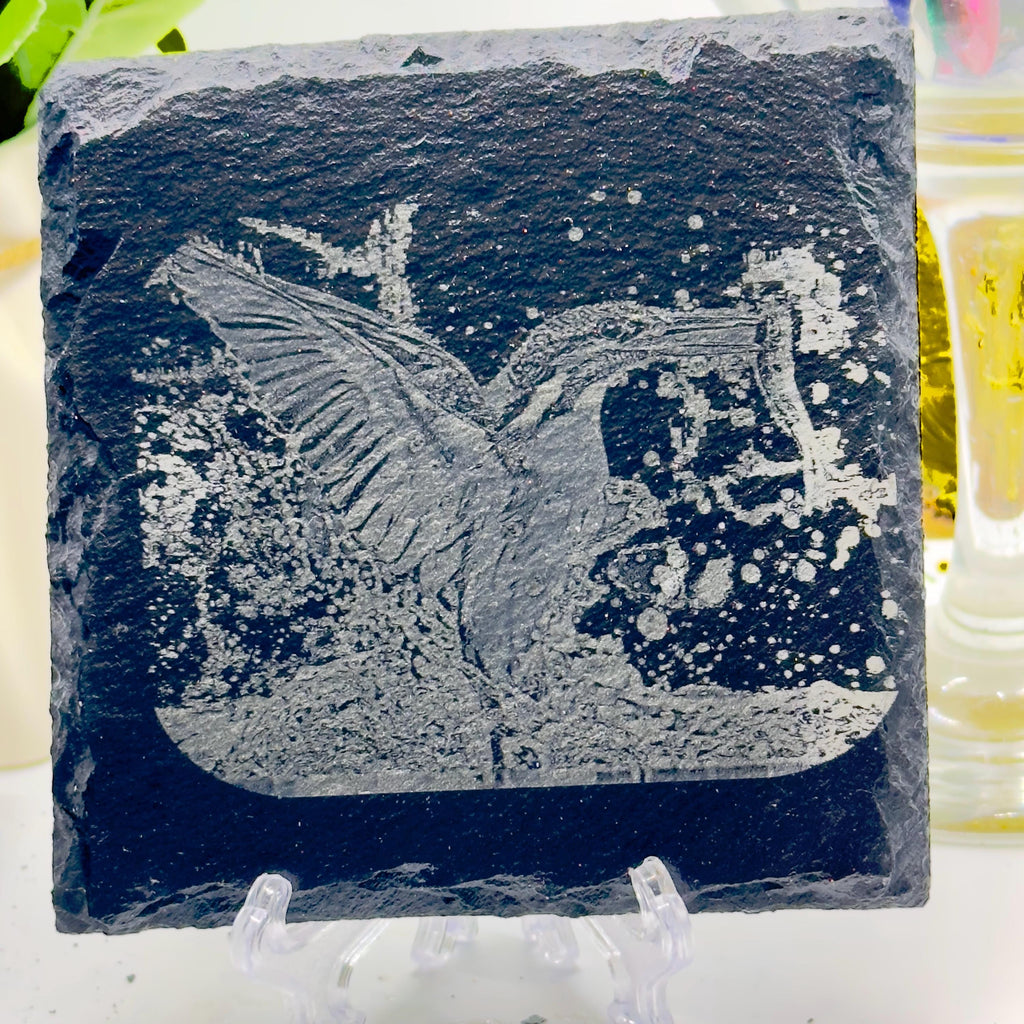 Kingfisher with Fish Slate Coaster | Wildlife Bird Art | Laser Engraved Natural Slate | Handmade Gift for Nature Lovers