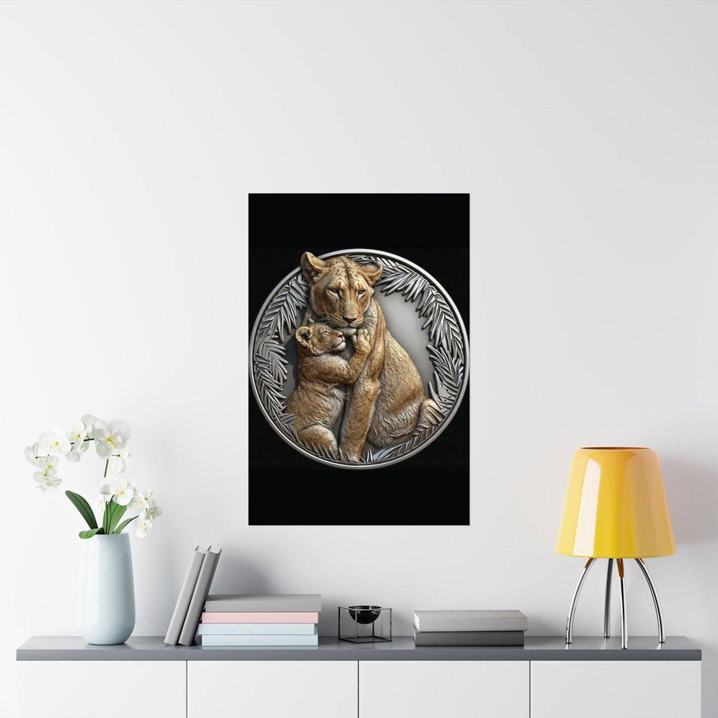 Lioness cub hug wall mount poster | natural color lion wall art | silver jungle frame