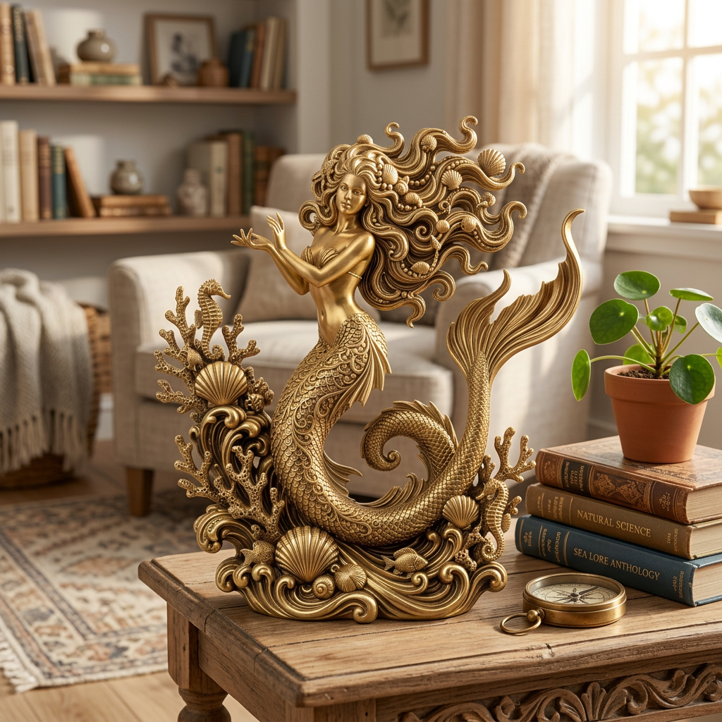 The Golden Mermaid Statue in gold finish by MokshaGoldSculptures, 250mm, shown with books and decor accents.