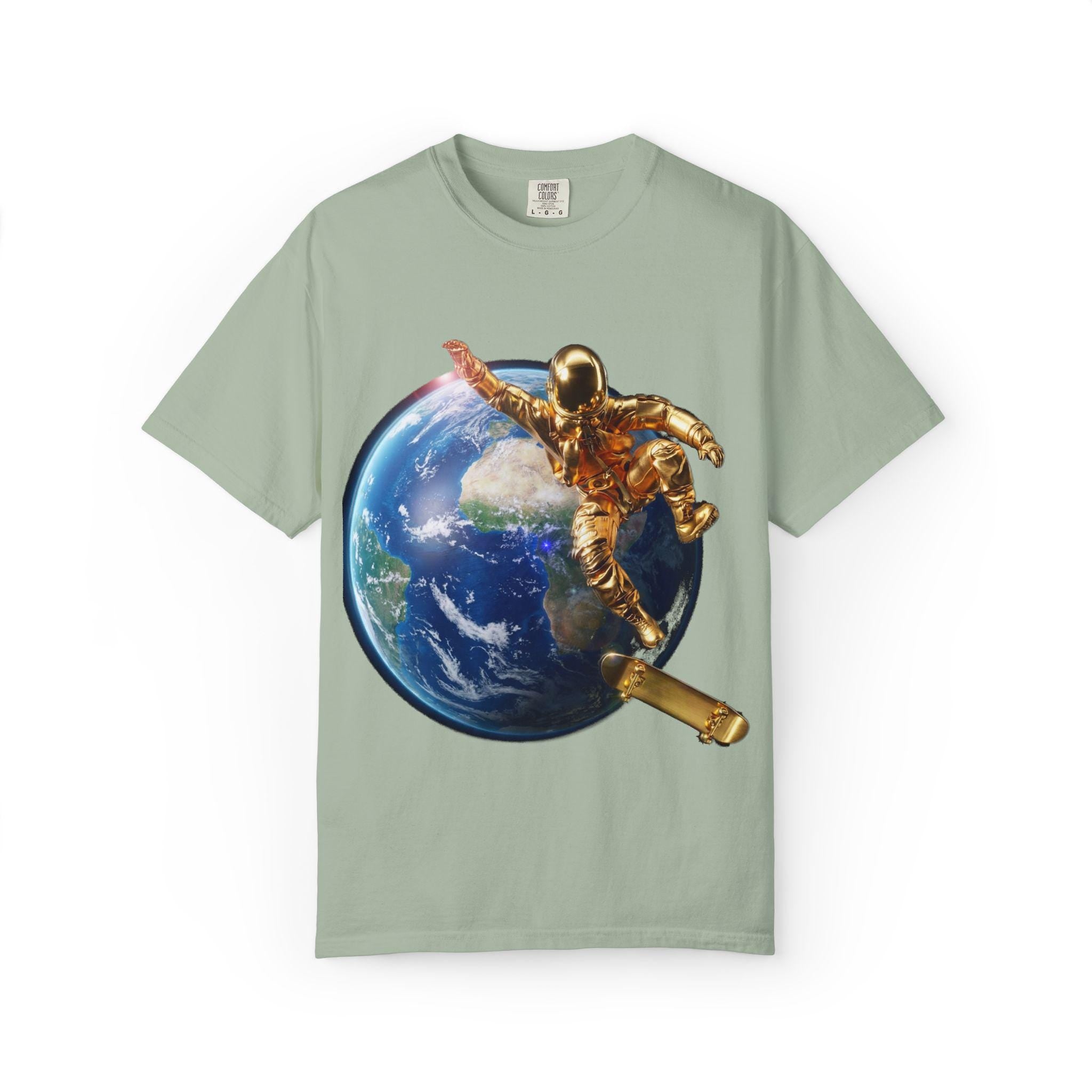 Golden Astronaut Skateboard Soaring High Futuristic Cosmic Ride in Style