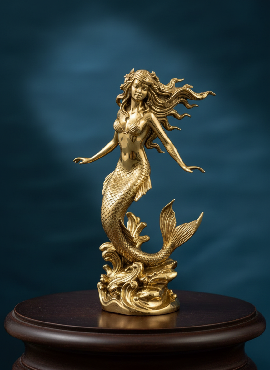 The Polished Brass Mermaid Sculpture in high polish by MokshaGoldSculptures on wooden base, flowing hair, detailed scales.