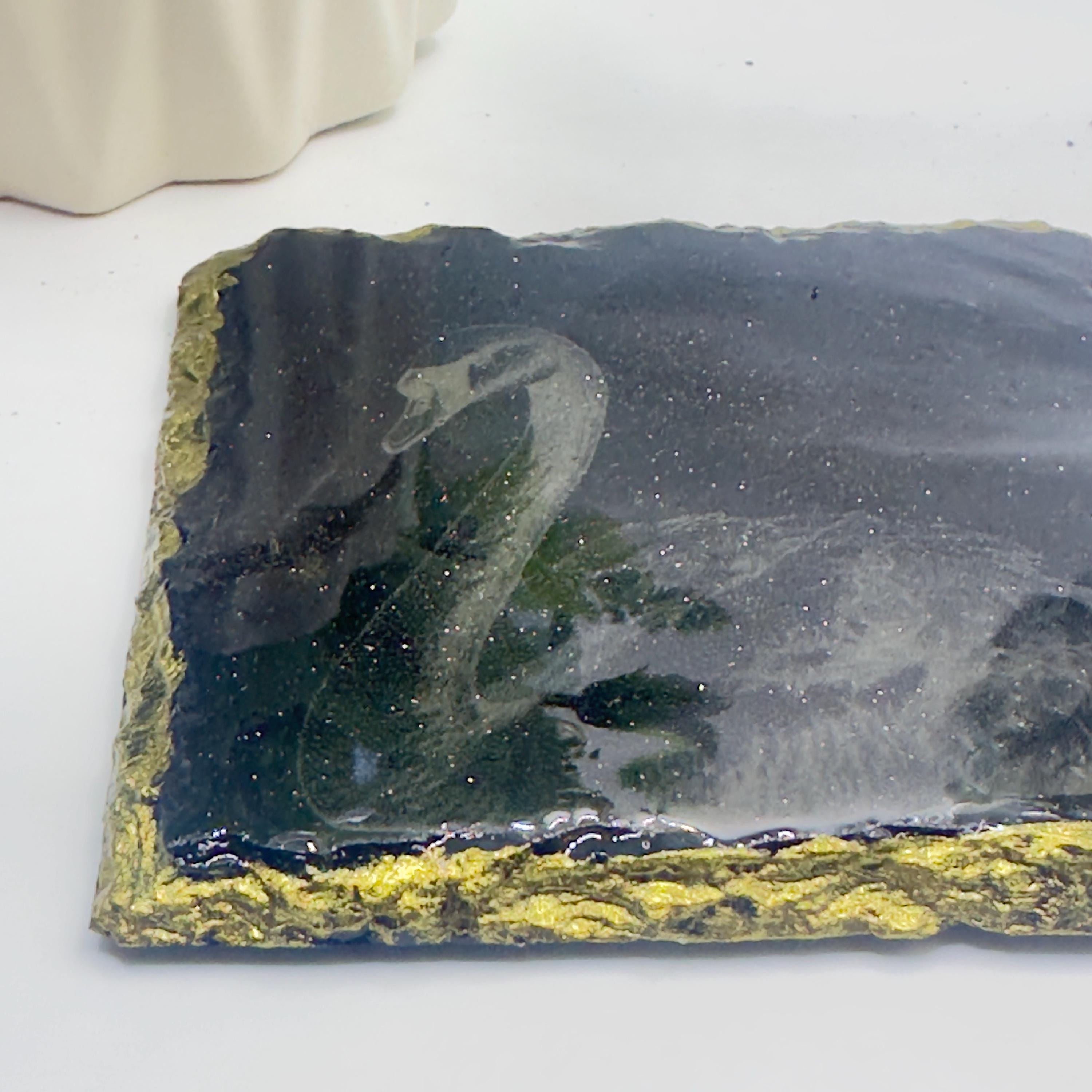Swan Slate Coaster | Gold Rim & Epoxy Finish | Handmade Luxury Decor | Elegant Swan Gift