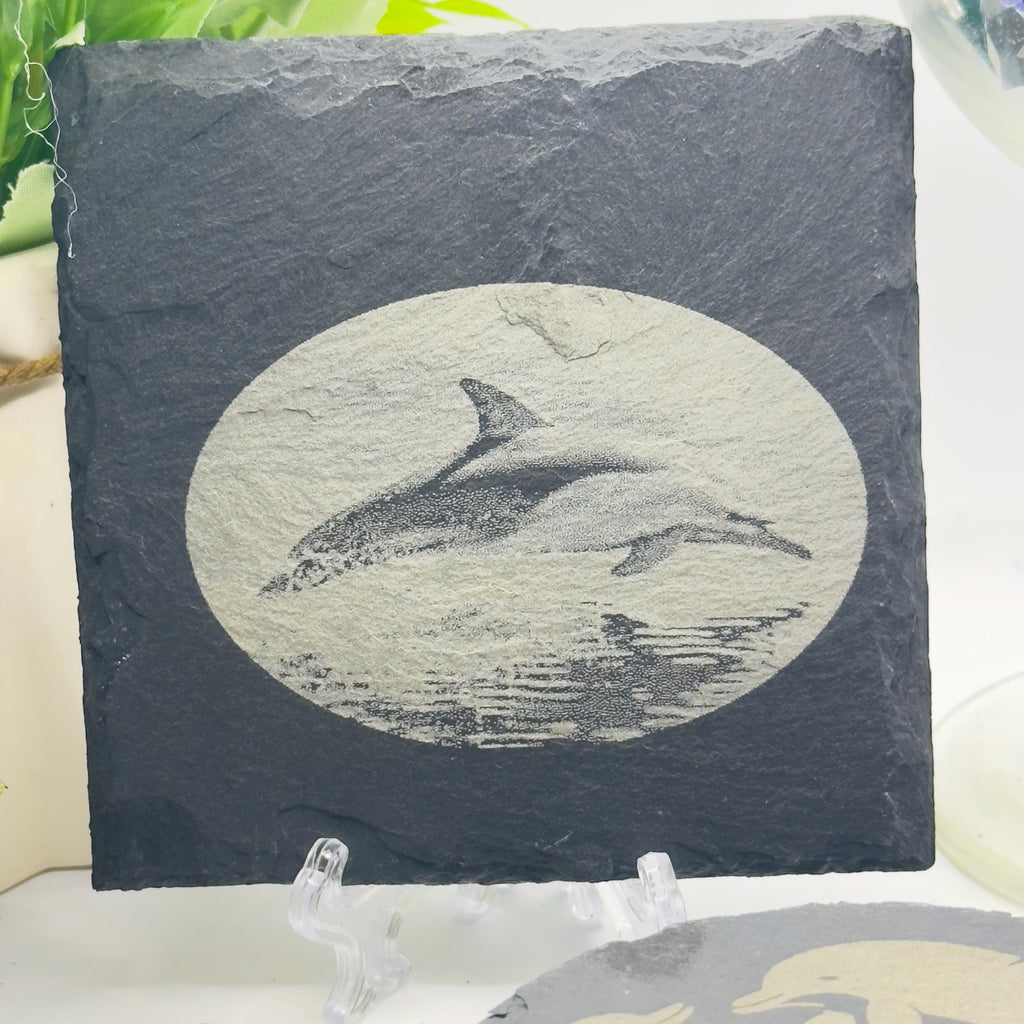 Dolphin Slate Coaster | Handmade Engraved Dolphin Coaster | Marine Wildlife Gift | Ocean Home Decor