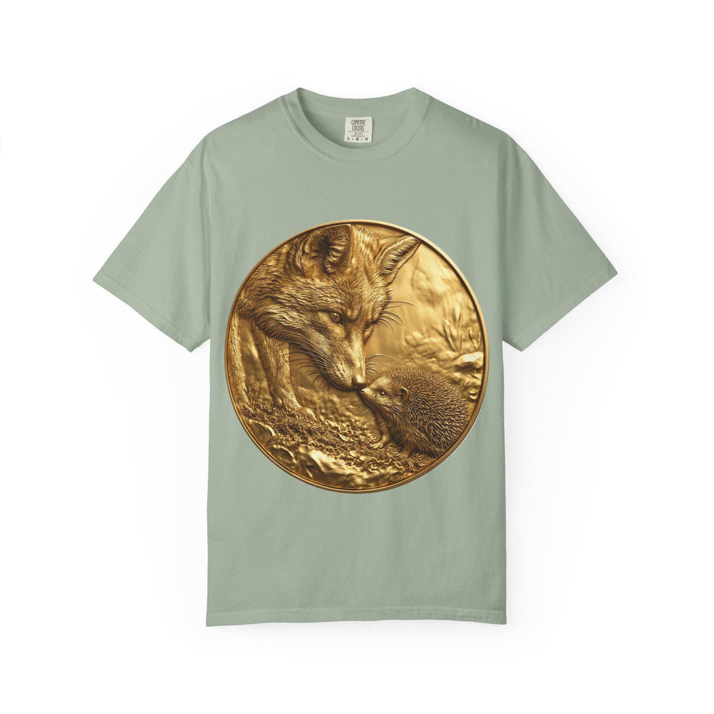 Golden Fox and Hedgehog T-Shirt  Curious Wildlife Scene in Luxury Gold Print Design